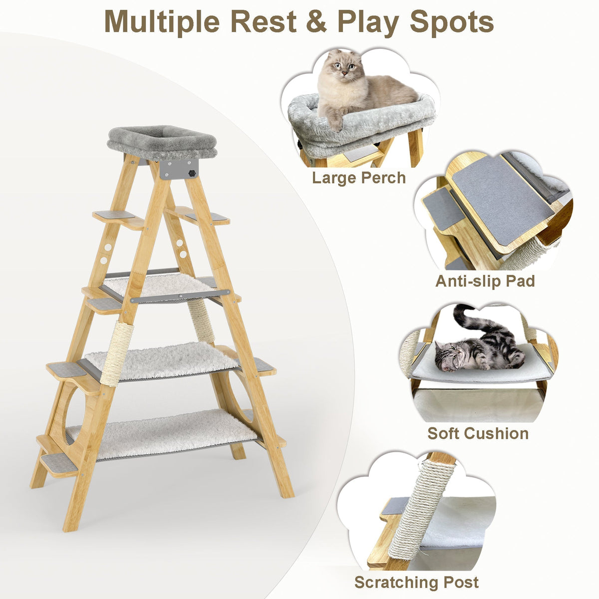 GDLF Modern Solid Wood Cat Tree Foldable Ladder Design with Cat Hammock & Sisal Scratch Post Easy Clean 60"H