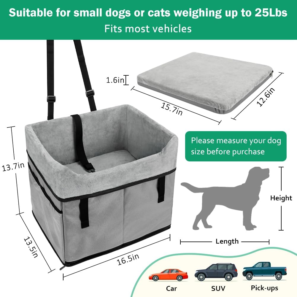 Vivifying Dog Car Seats for Small Dogs, Portable Dog Booster Car Seat with Storage Pockets and Safety Belt, Comfortable Travel Bed for Small Pets Up to 25lbs (Gray)