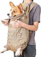 FLAdorepet Dog Carrier Tactical Backpack for Medium Large Dogs,Soft Hands-Free Legs Out Pet Front Cat Dog Carrier Backpack Travel Bag for Outdoor Traveling Hiking Camping (Medium, Khaki)