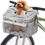 Dog Bike Basket, Pet Bicycle Carrier, Dog Car Seat with Safety Rope, Adjustable Shoulder Strap Portable Breathable Bicycle Basket Bag for Dogs and Cats Up to 15lbs