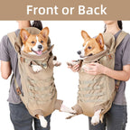 FLAdorepet Dog Carrier Tactical Backpack for Medium Large Dogs,Soft Hands-Free Legs Out Pet Front Cat Dog Carrier Backpack Travel Bag for Outdoor Traveling Hiking Camping (Medium, Khaki)