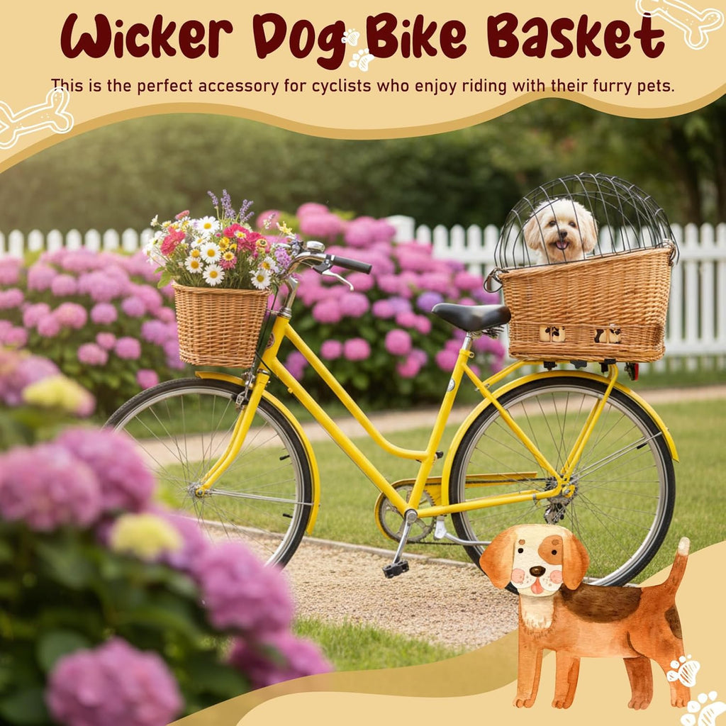Wicker Dog Bike Basket, Rattan Pet Carrier for Small Dogs Cats with Protective Grille, Includes Ice Pad and Soft Cotton Cushion, for Secure Bicycle Rear Luggage Rack