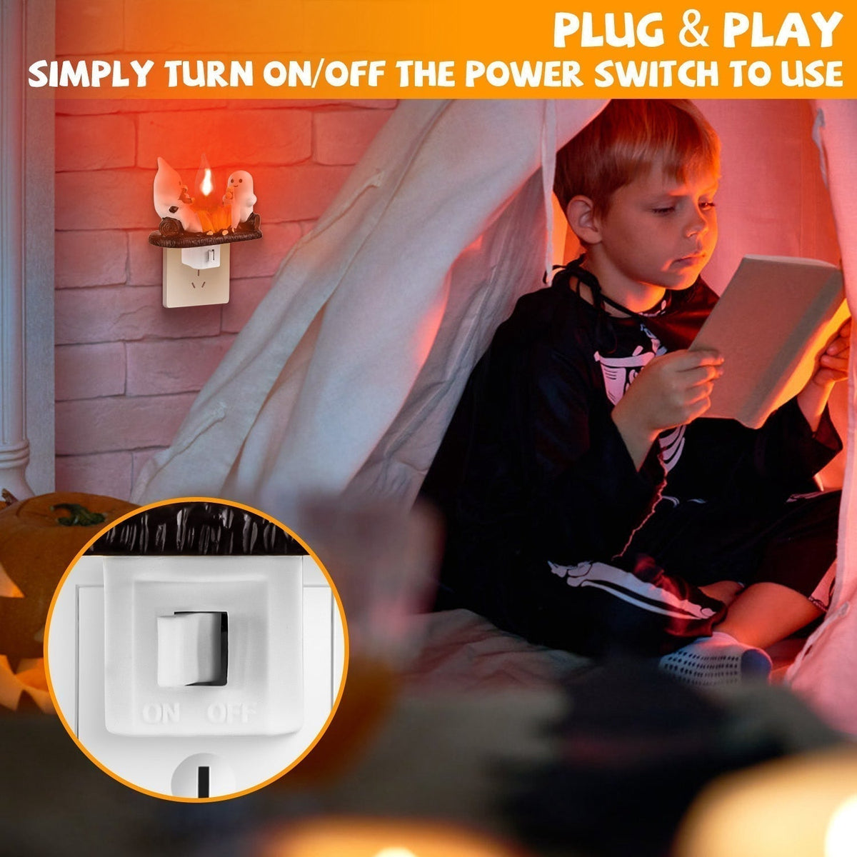 2Pcs Ghost Campfire Flickering Flame Night Light Indoor 3D Funny Halloween Nightlight Decoration Bedroom Night Light Halloween Decoration Gift For Fri